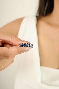 Oval Cut Blue Sapphire Half Eternity Band Ring 14k White Gold Handmade Jewelry
