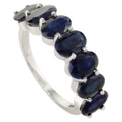 Oval Cut Blue Sapphire Half Eternity Band Ring 14k White Gold Handmade Jewelry