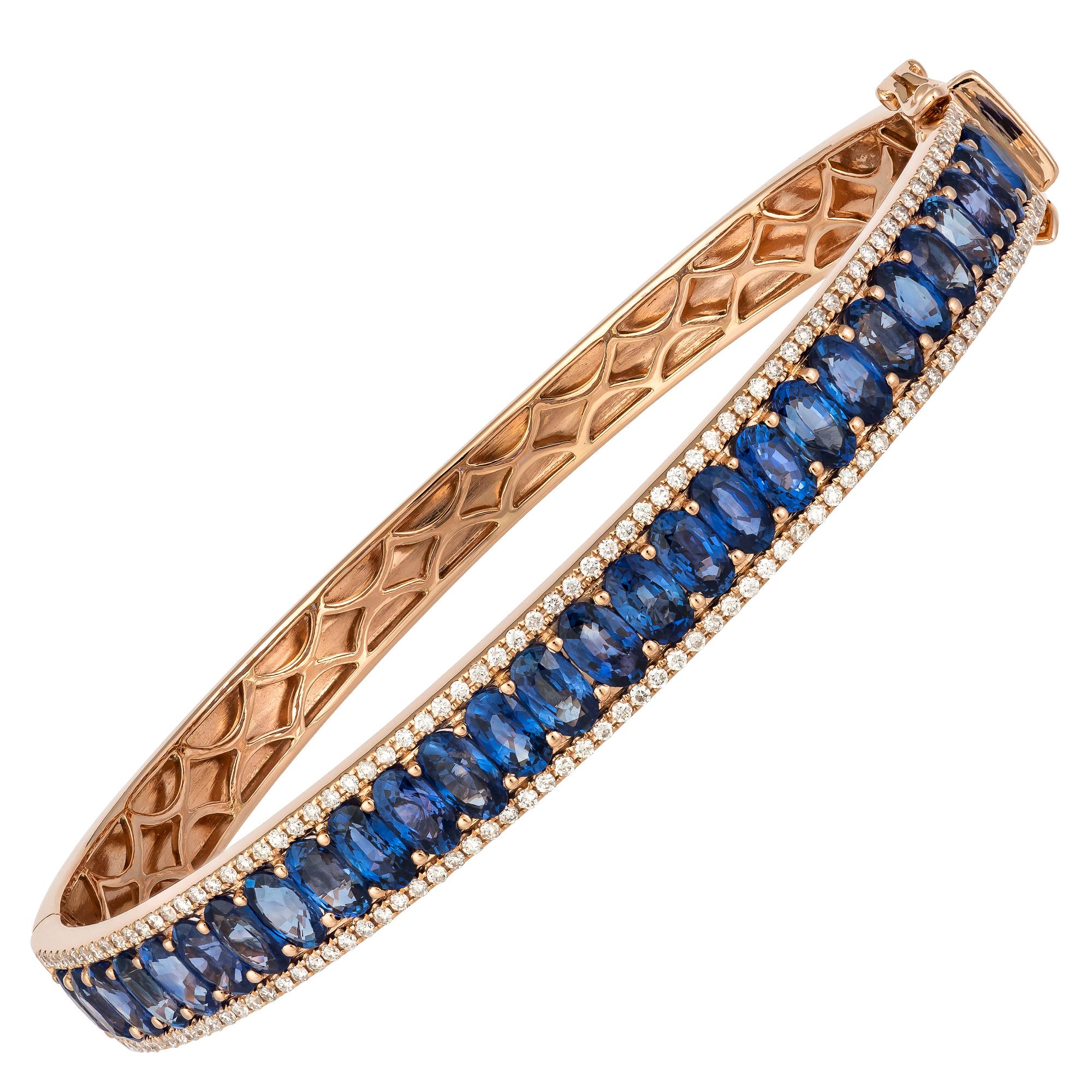 Oval Cut Blue Sapphire Modern Bangle Bracelet for Her 18K Rose Gold Diamond For Sale