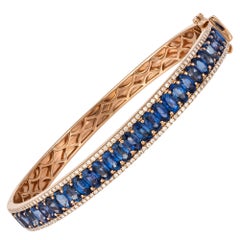 Retro Oval Cut Blue Sapphire Modern Bangle Bracelet for Her 18K Rose Gold Diamond