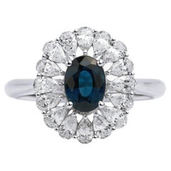 Oval-Cut Blue Sapphire & Pear Diamond Halo Engagement Ring in 18K White Gold