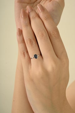 Oval Cut Blue Sapphire Solitaire Ring in Bezel Set 14K White Gold Fine Jewelry