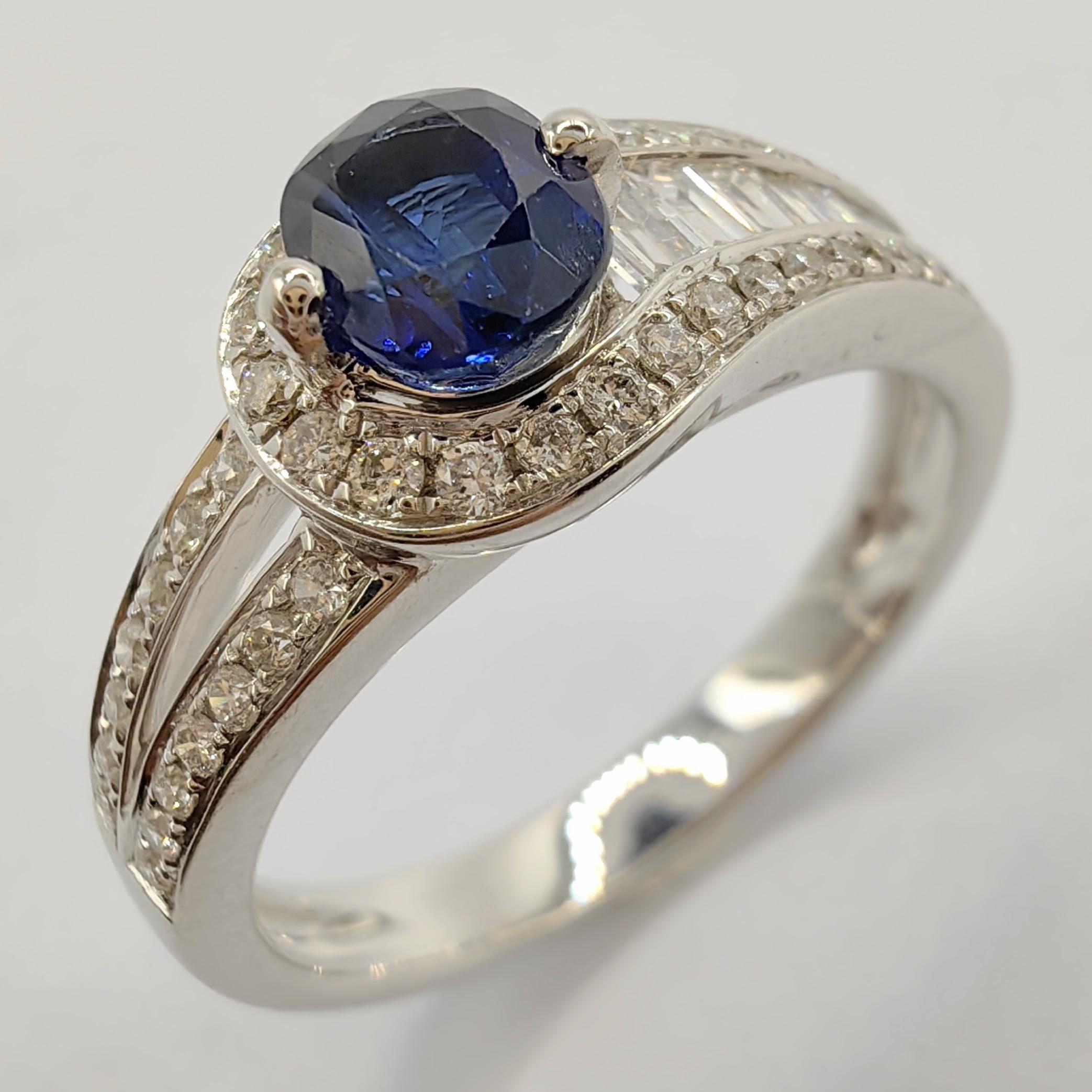 Oval Cut Oval-Cut Blue Sapphire Tapered Baguette Diamond Ring in 18k White Gold For Sale