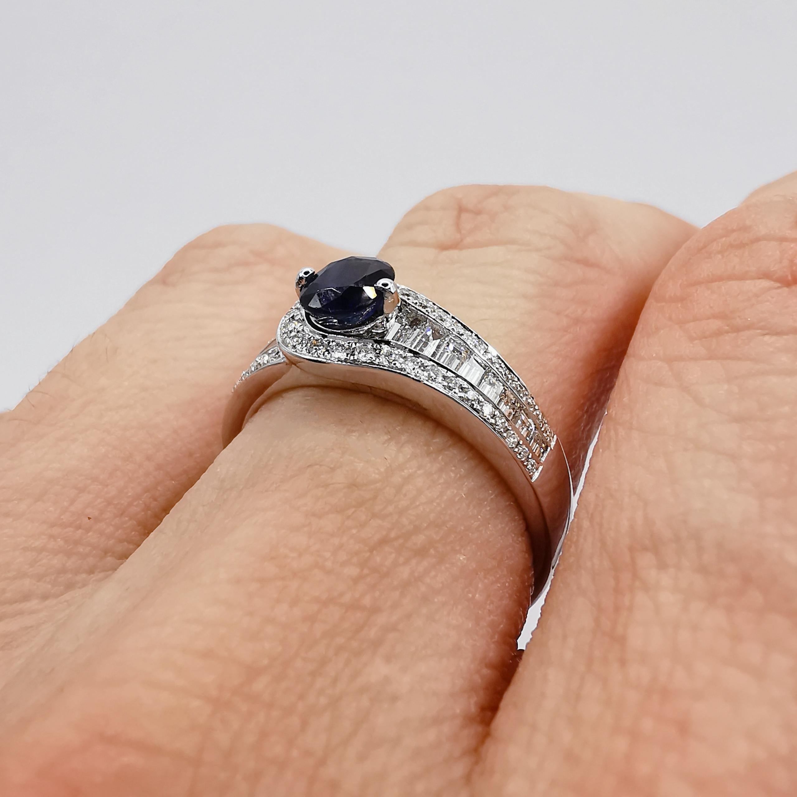 Oval-Cut Blue Sapphire Tapered Baguette Diamond Ring in 18k White Gold For Sale 2