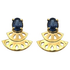 Oval Cut Blue Sapphire Tiered Fan Motif Stud Earrings in 22 Karat Yellow Gold