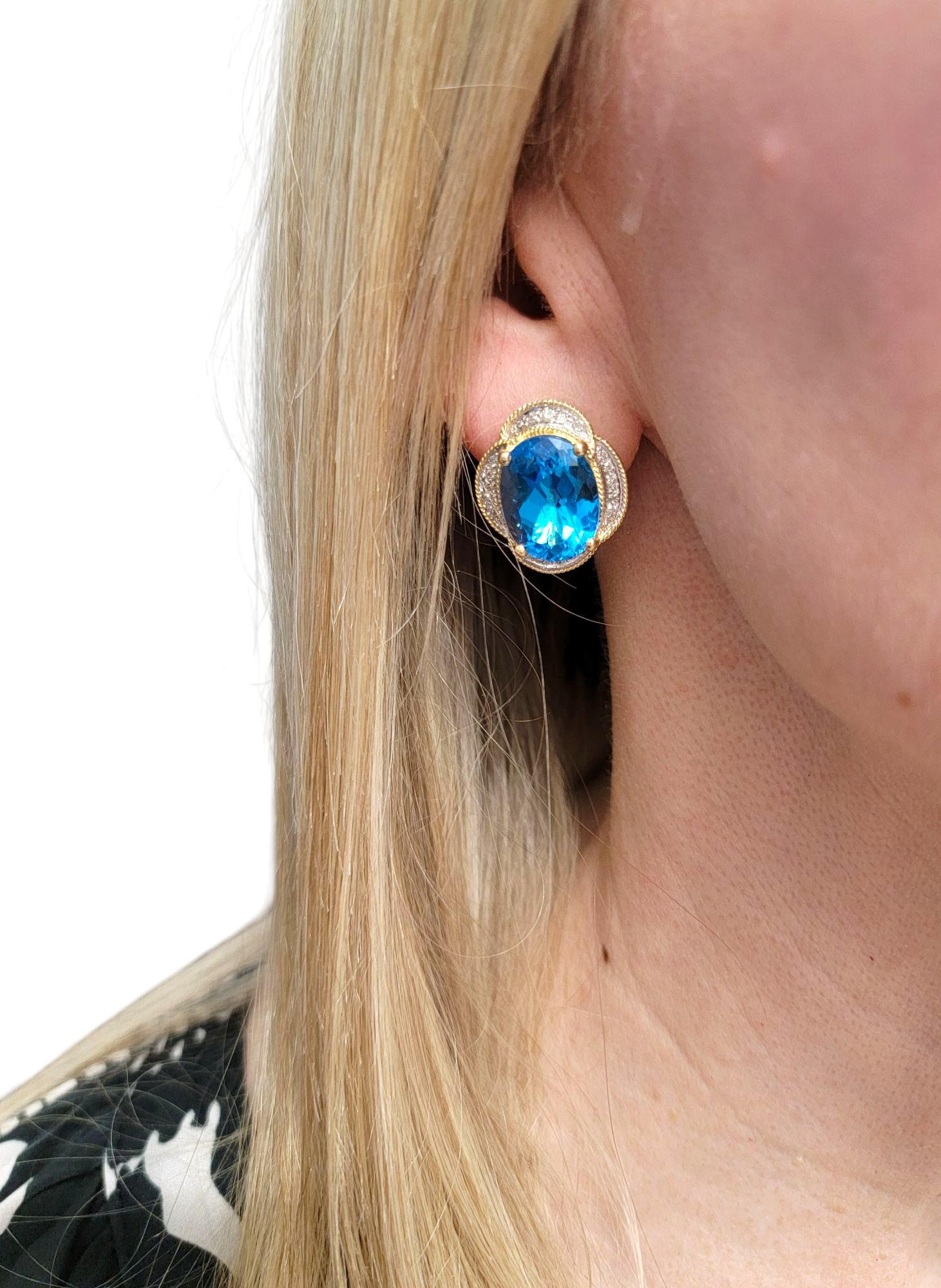 Oval Cut Blue Topaz and Pavé Diamond Omega Back Earrings Two-Tone 14 Karat Gold For Sale 5