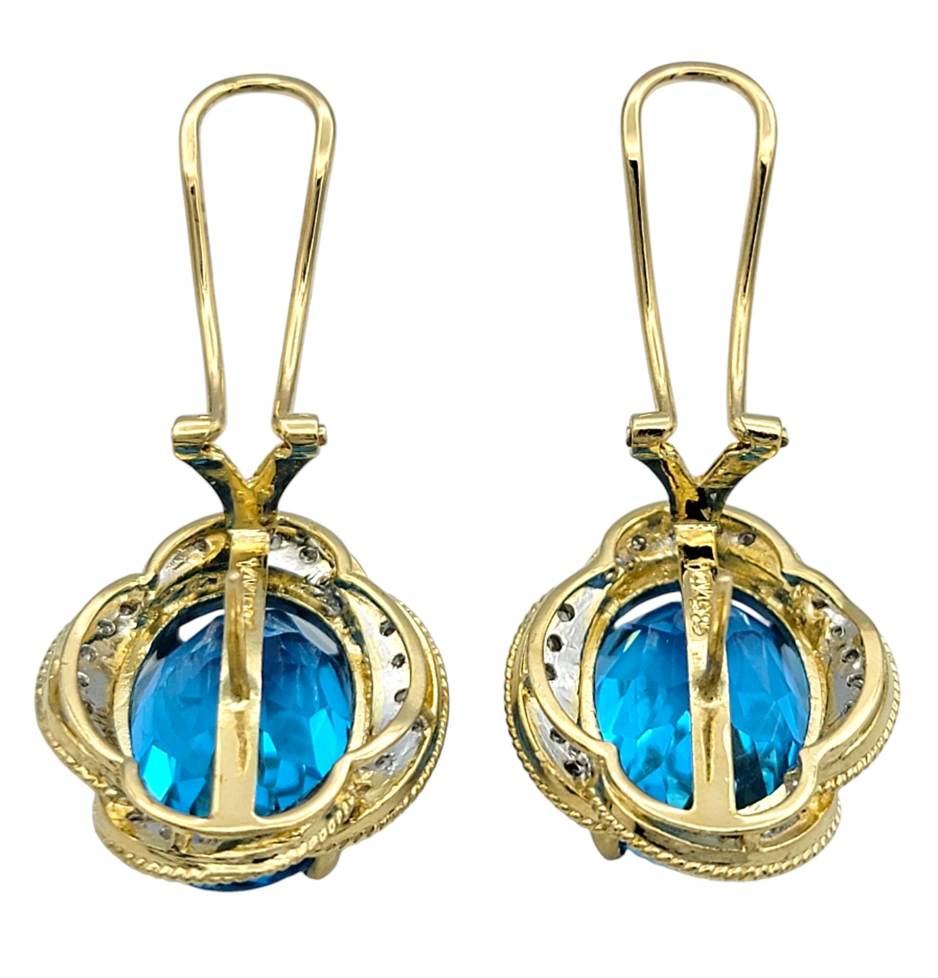 Oval Cut Blue Topaz and Pavé Diamond Omega Back Earrings Two-Tone 14 Karat Gold For Sale 1
