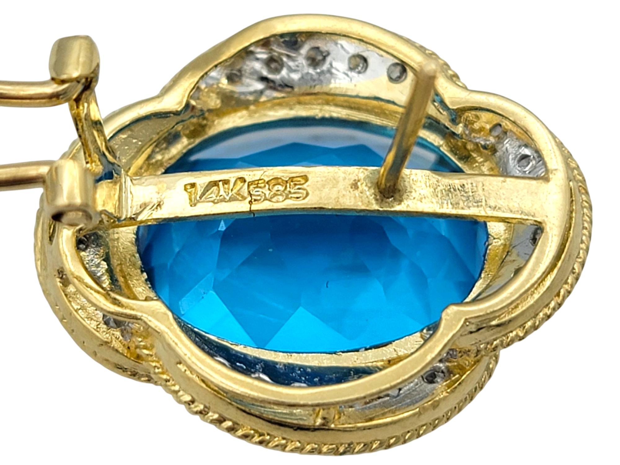 Oval Cut Blue Topaz and Pavé Diamond Omega Back Earrings Two-Tone 14 Karat Gold For Sale 2