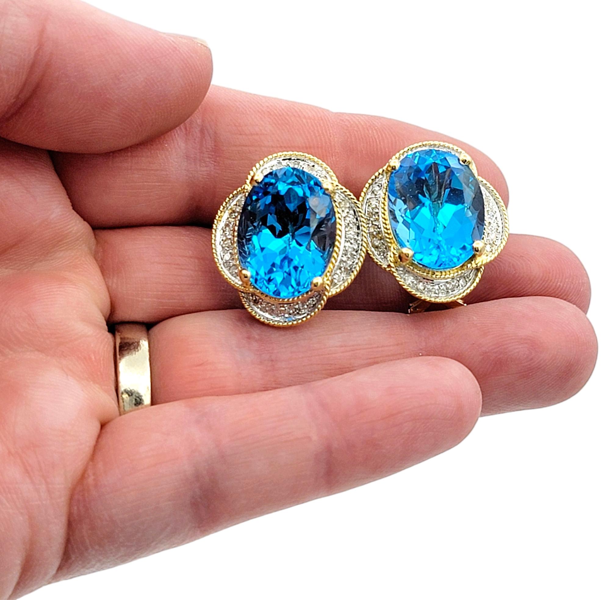 Oval Cut Blue Topaz and Pavé Diamond Omega Back Earrings Two-Tone 14 Karat Gold For Sale 3
