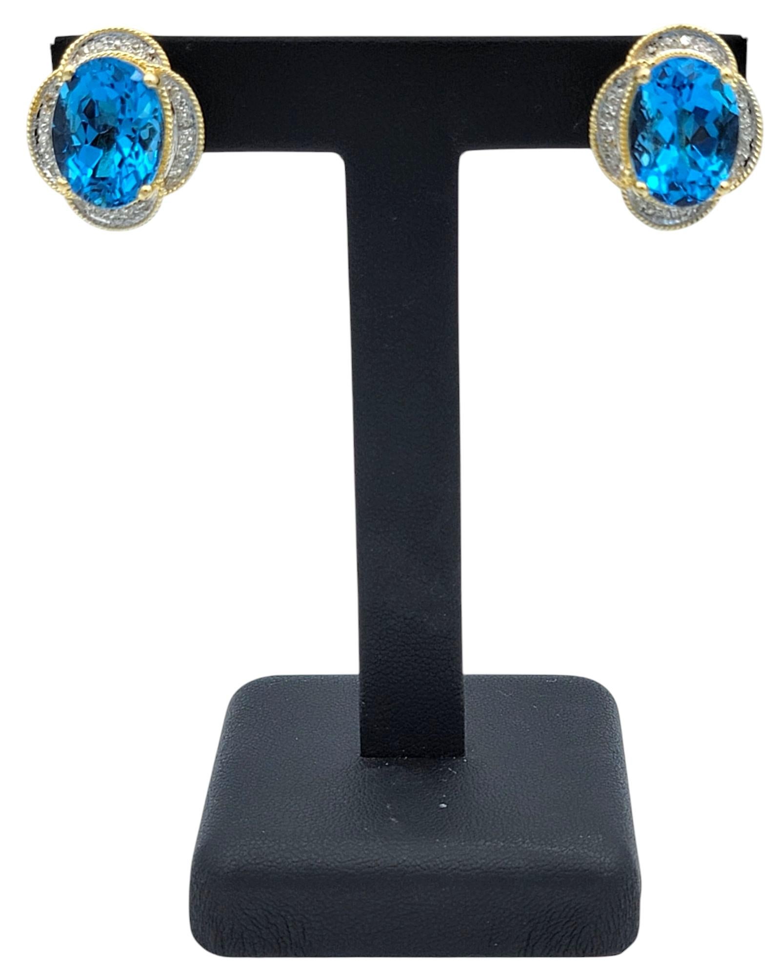 Oval Cut Blue Topaz and Pavé Diamond Omega Back Earrings Two-Tone 14 Karat Gold For Sale 4