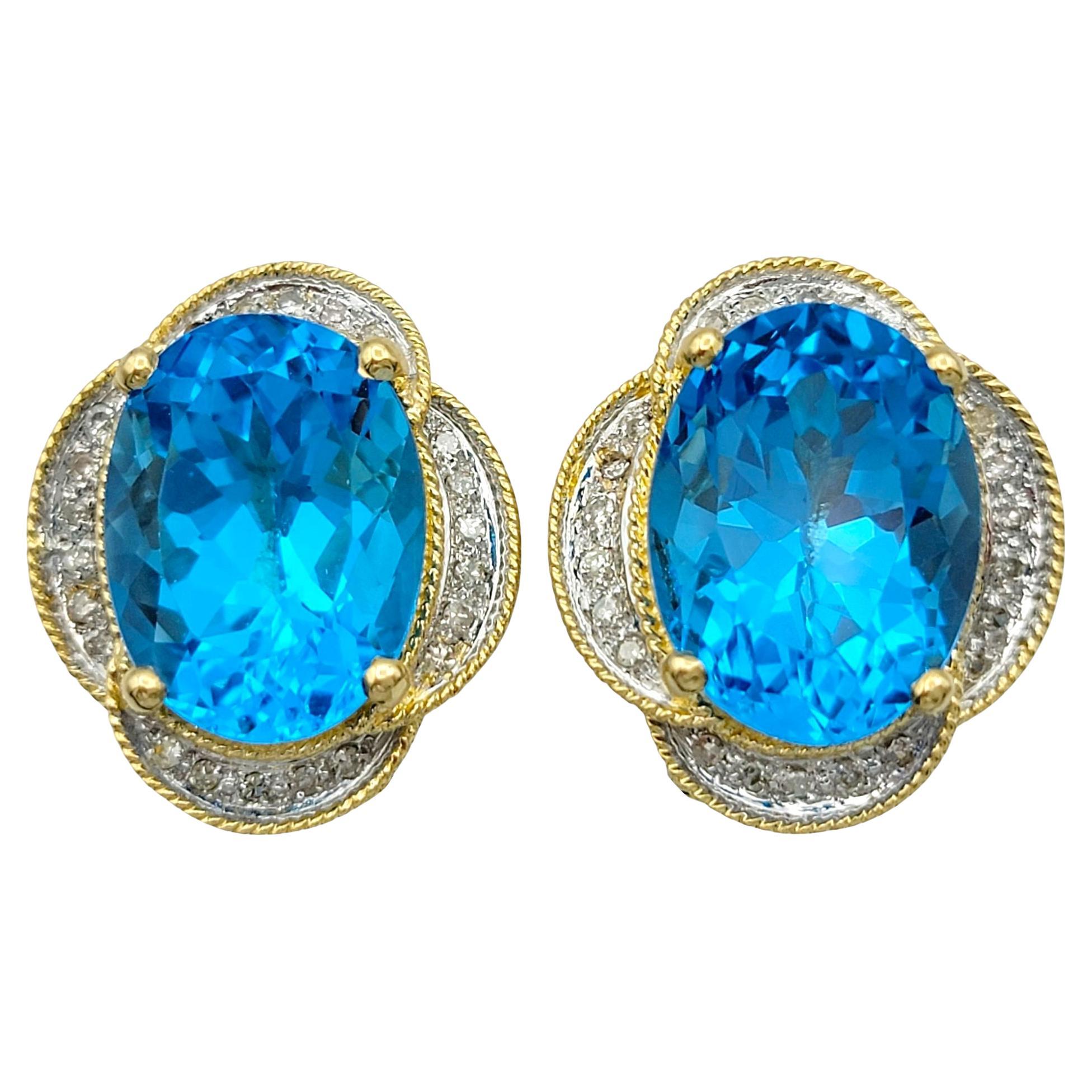 Oval Cut Blue Topaz and Pavé Diamond Omega Back Earrings Two-Tone 14 Karat Gold