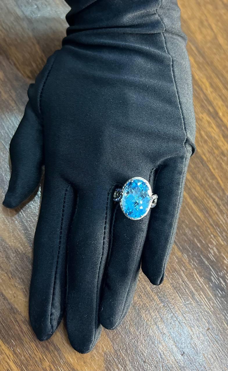 Oval Cut Blue Topaz Intertwining Sapphire Diamond Halo White Gold Statement Ring For Sale 3