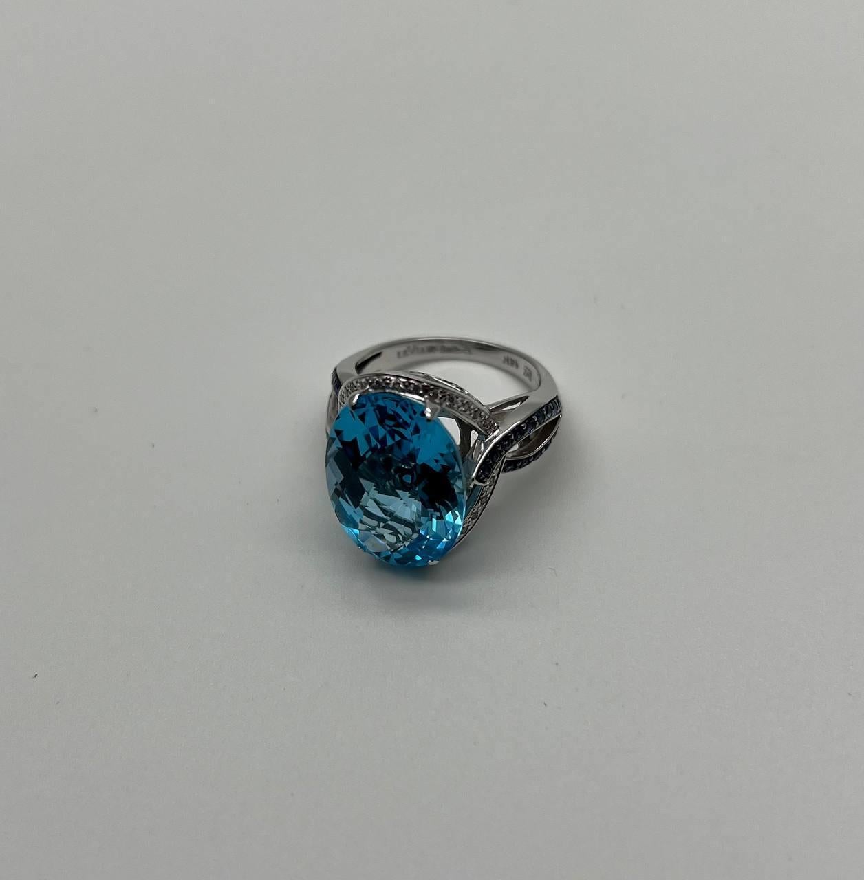 Oval Cut Blue Topaz Intertwining Sapphire Diamond Halo White Gold Statement Ring For Sale 5