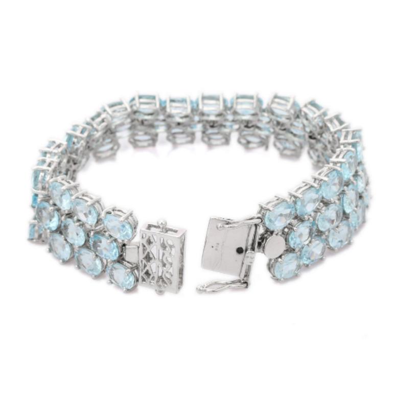 Three Row Blue Topaz Statement Tennis Bracelet in 925 Sterling Silver In New Condition For Sale In Houston, TX