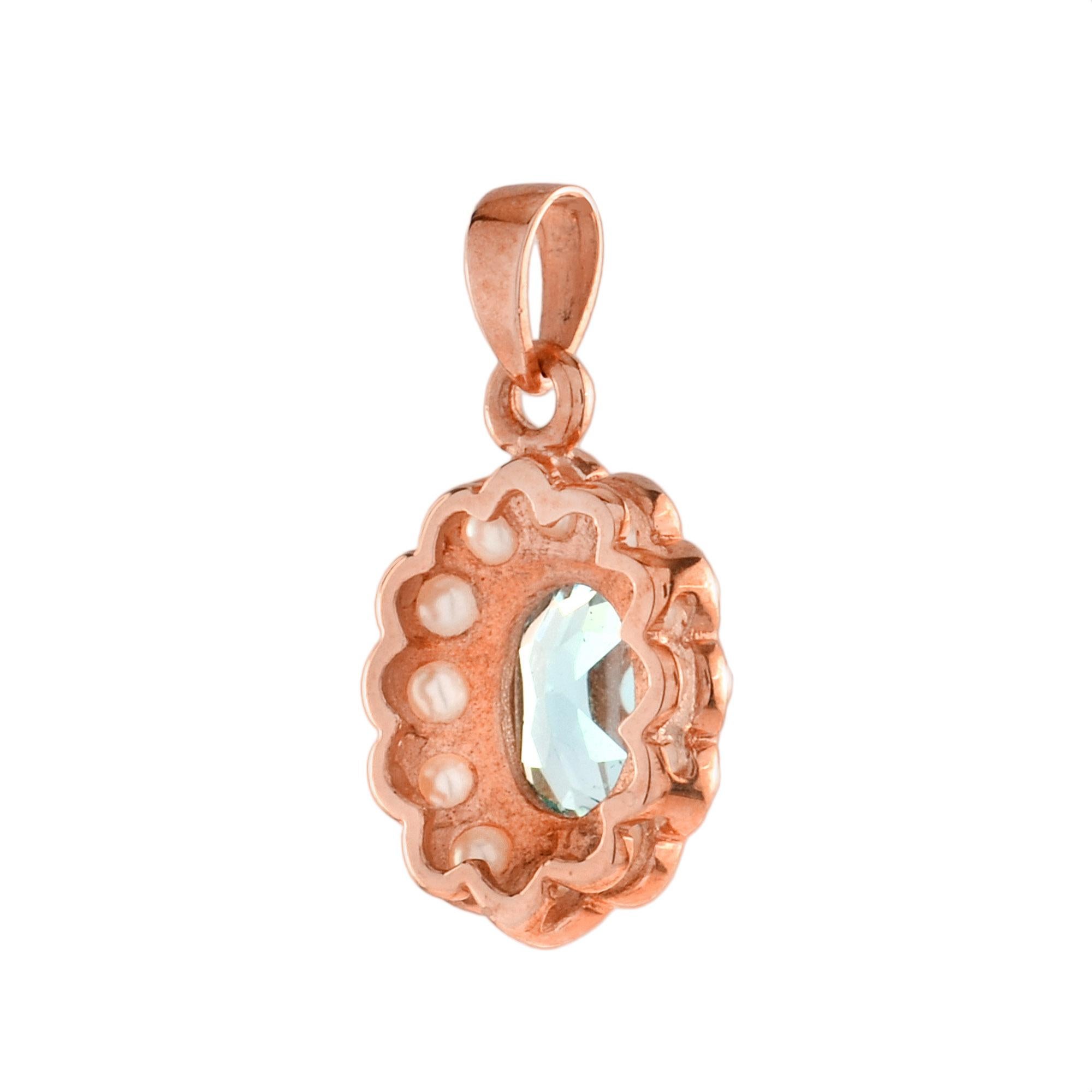 Art Deco Oval Cut Blue Topaz with Pearl Halo Set Vintage Style 14K Rose Gold Pendant For Sale