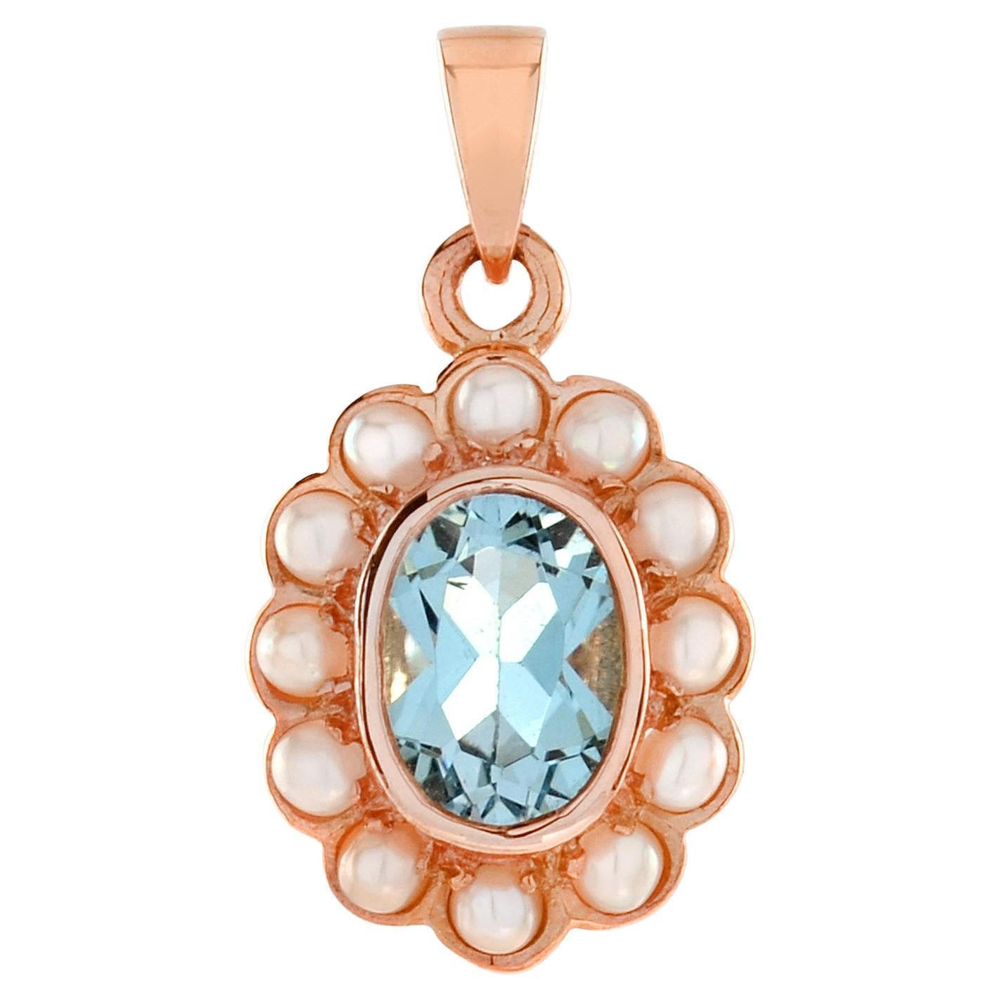 Oval Cut Blue Topaz with Pearl Halo Set Vintage Style 14K Rose Gold Pendant For Sale