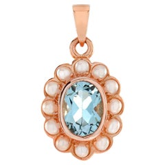 Oval Cut Blue Topaz with Pearl Halo Set Vintage Style 14K Rose Gold Pendant