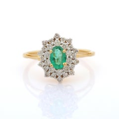 Oval Cut Brilliant Halo Diamond Emerald Wedding Ring in 18K Solid Yellow Gold