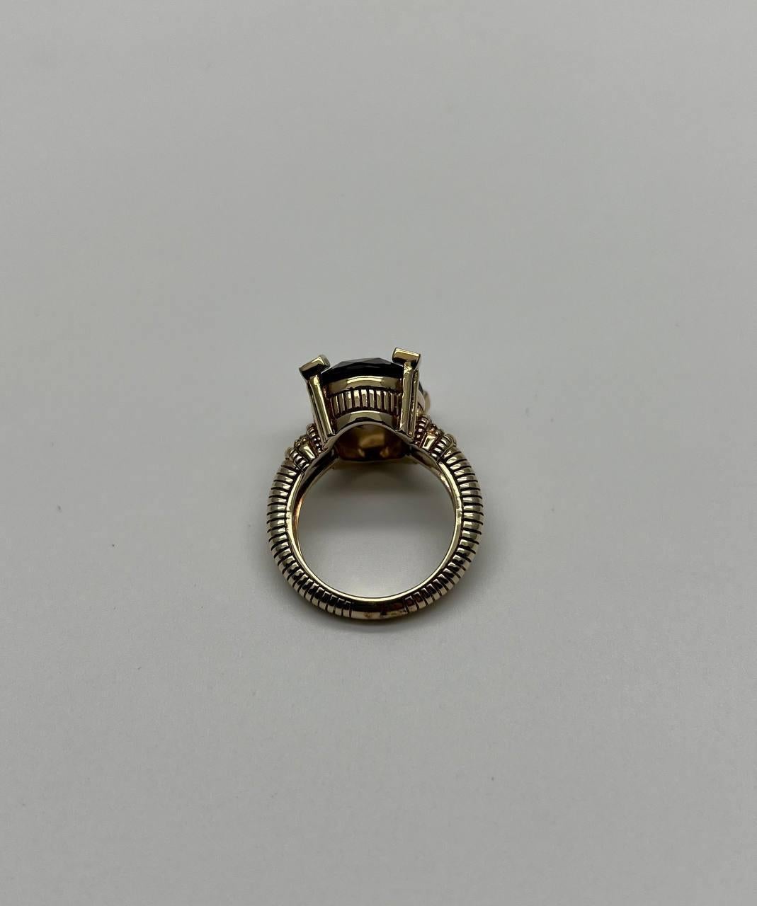 Oval Cut Brown Smoky Quartz Diamond 14K Yellow Gold Sculptural Shield Ring For Sale 6