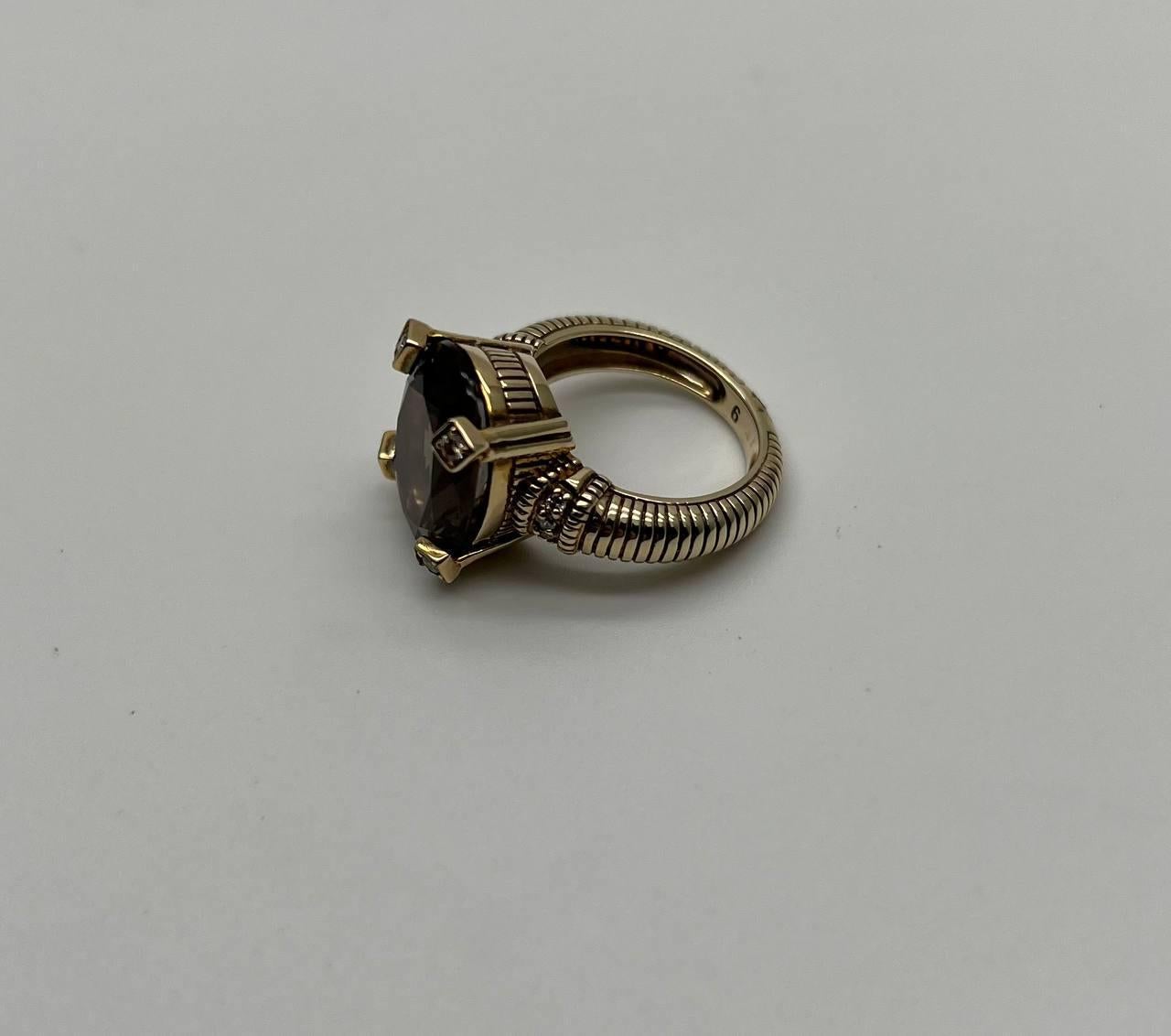Oval Cut Brown Smoky Quartz Diamond 14K Yellow Gold Sculptural Shield Ring For Sale 7