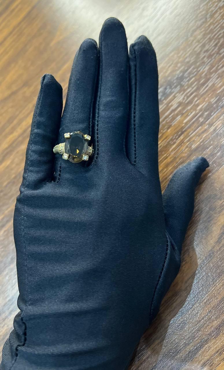 Oval Cut Brown Smoky Quartz Diamond 14K Yellow Gold Sculptural Shield Ring For Sale 10