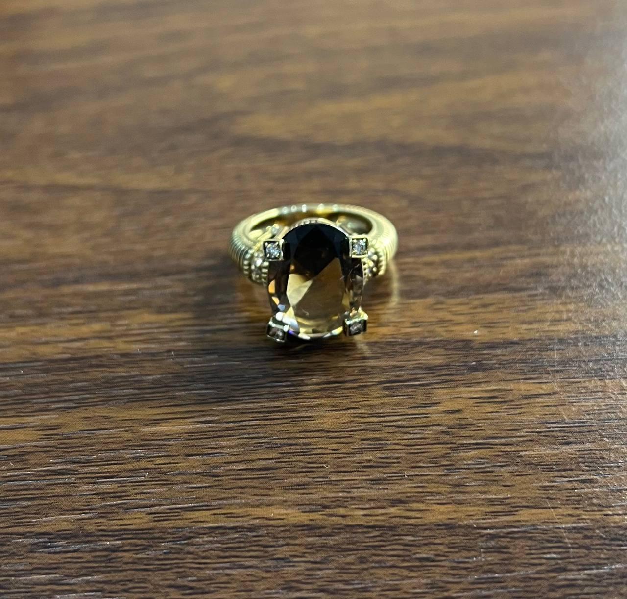 Oval Cut Brown Smoky Quartz Diamond 14K Yellow Gold Sculptural Shield Ring In New Condition For Sale In Oakton, VA