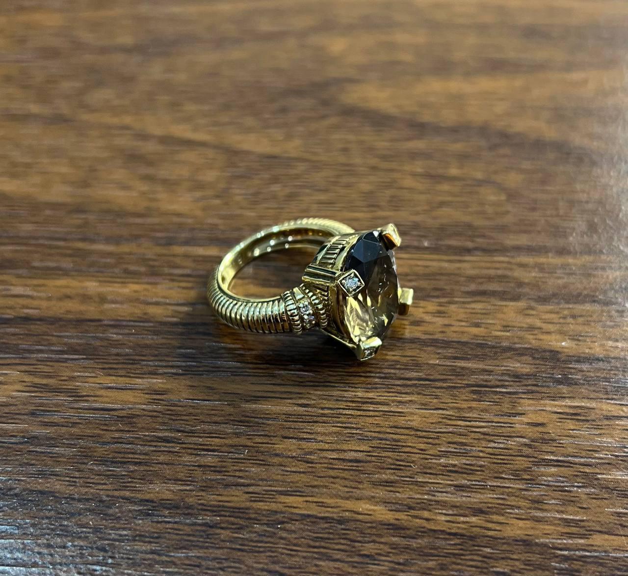 Women's Oval Cut Brown Smoky Quartz Diamond 14K Yellow Gold Sculptural Shield Ring For Sale