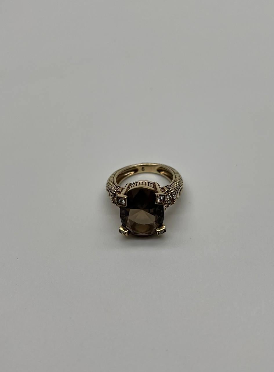 Oval Cut Brown Smoky Quartz Diamond 14K Yellow Gold Sculptural Shield Ring For Sale 3