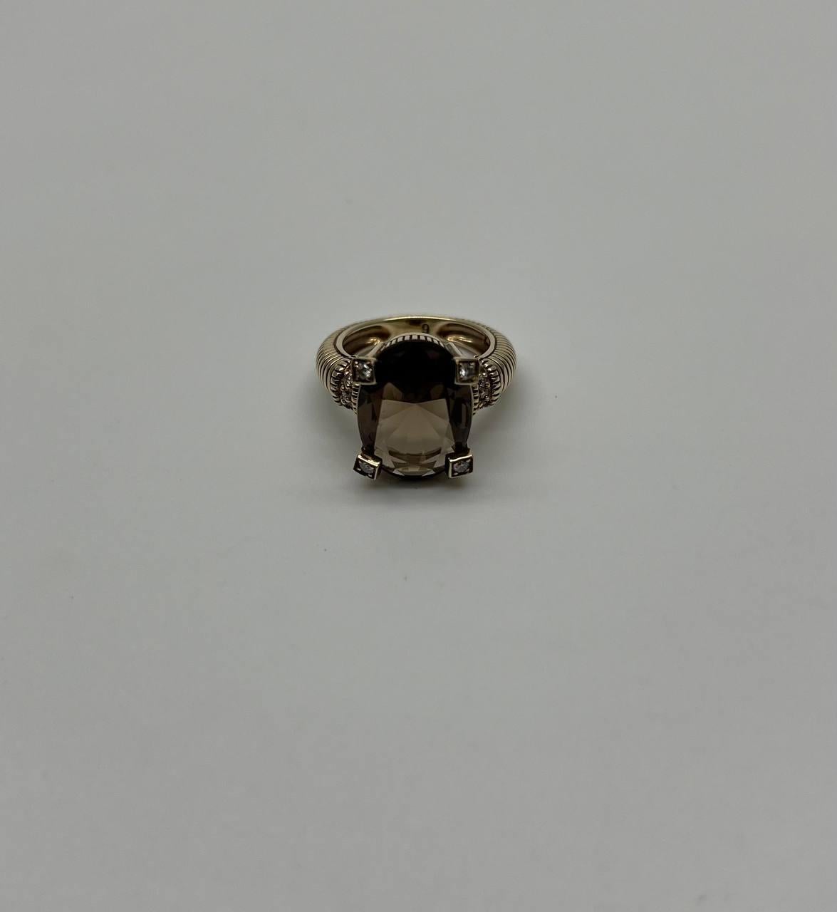Oval Cut Brown Smoky Quartz Diamond 14K Yellow Gold Sculptural Shield Ring For Sale 4