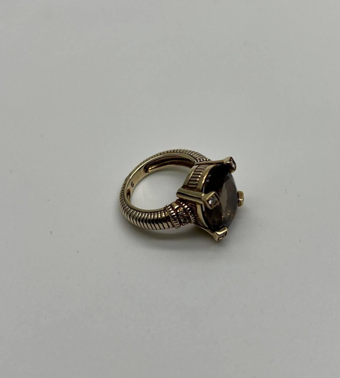 Oval Cut Brown Smoky Quartz Diamond 14K Yellow Gold Sculptural Shield Ring For Sale 5