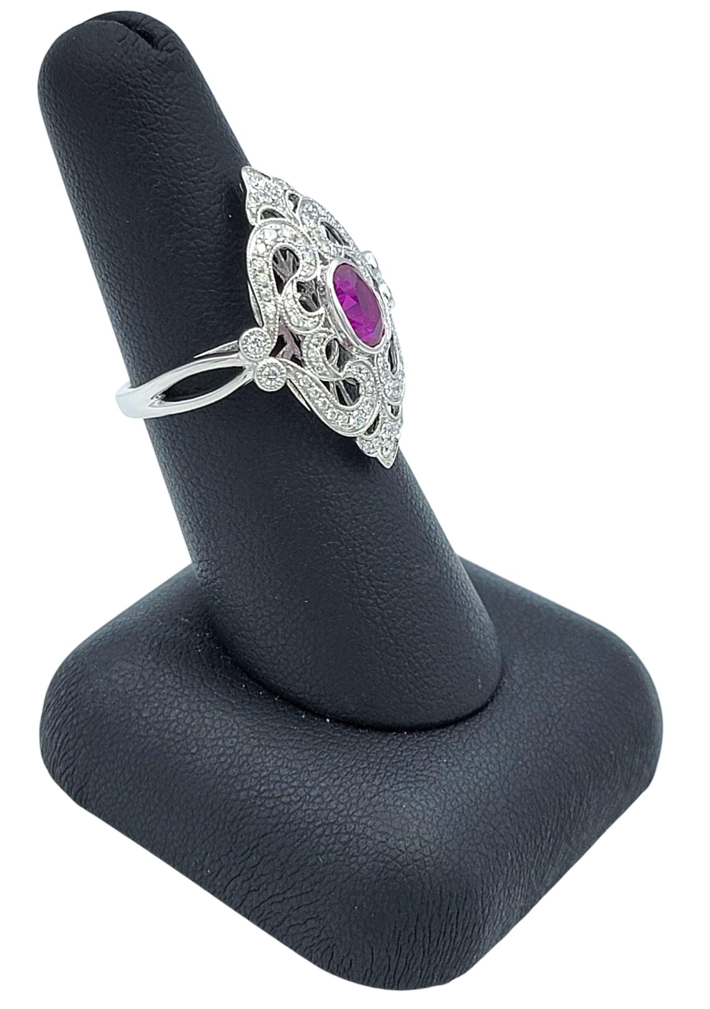 Oval Cut Burmese Ruby and Pavé Diamond Ornate Cocktail Ring 14 Karat White Gold en venta 4