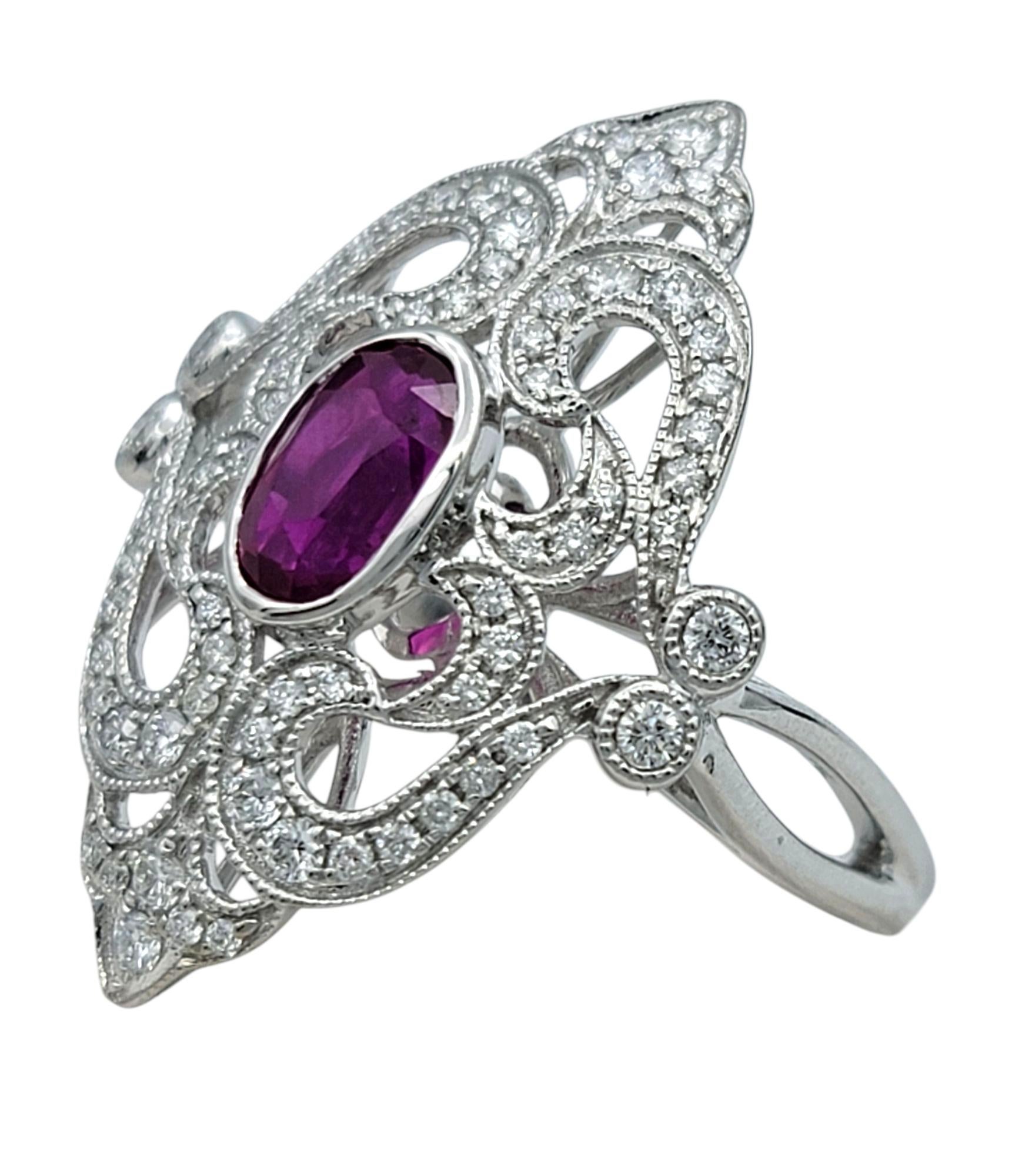Oval Cut Burmese Ruby and Pavé Diamond Ornate Cocktail Ring 14 Karat White Gold Contemporáneo en venta