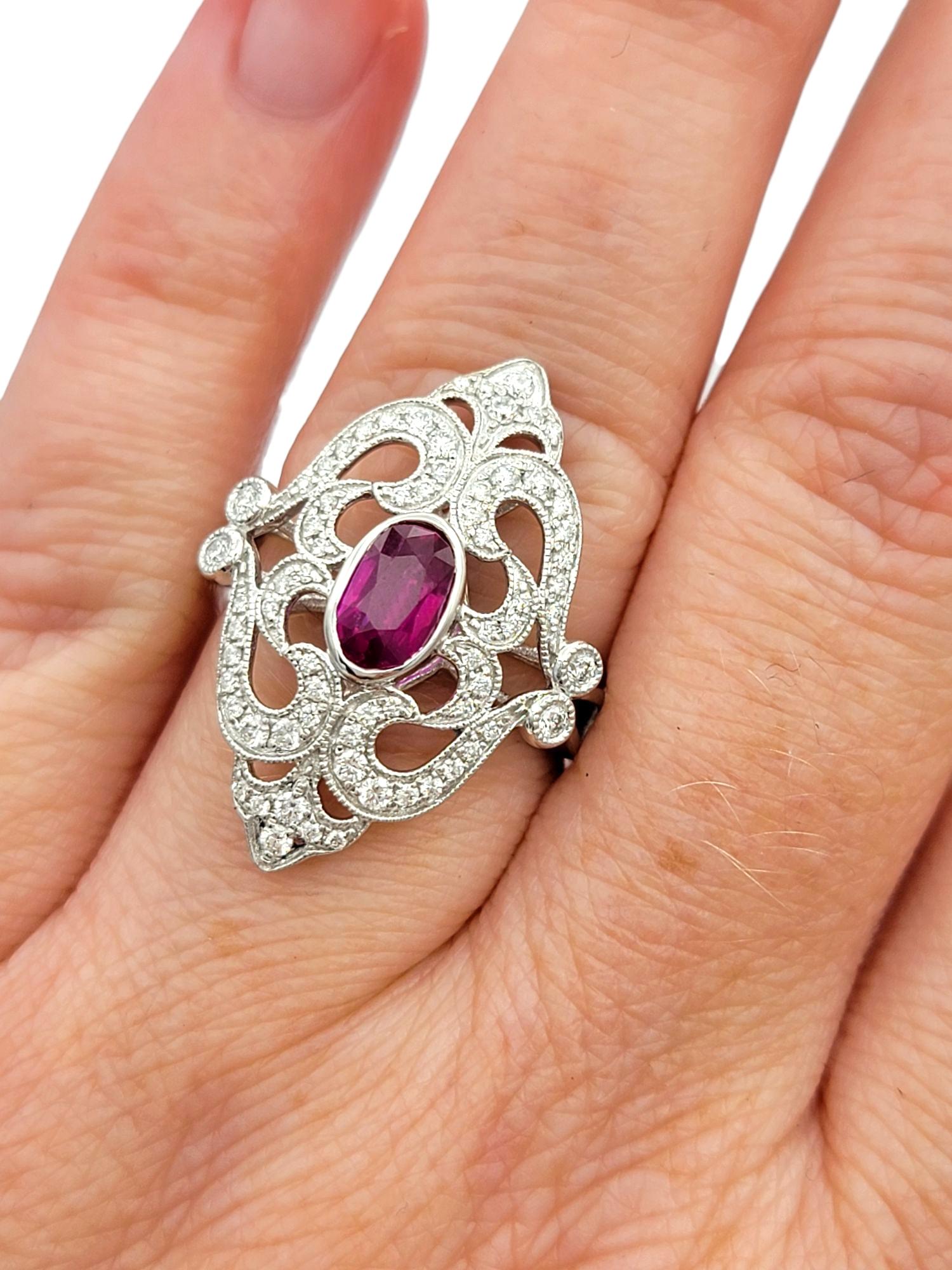 Oval Cut Burmese Ruby and Pavé Diamond Ornate Cocktail Ring 14 Karat White Gold en venta 2