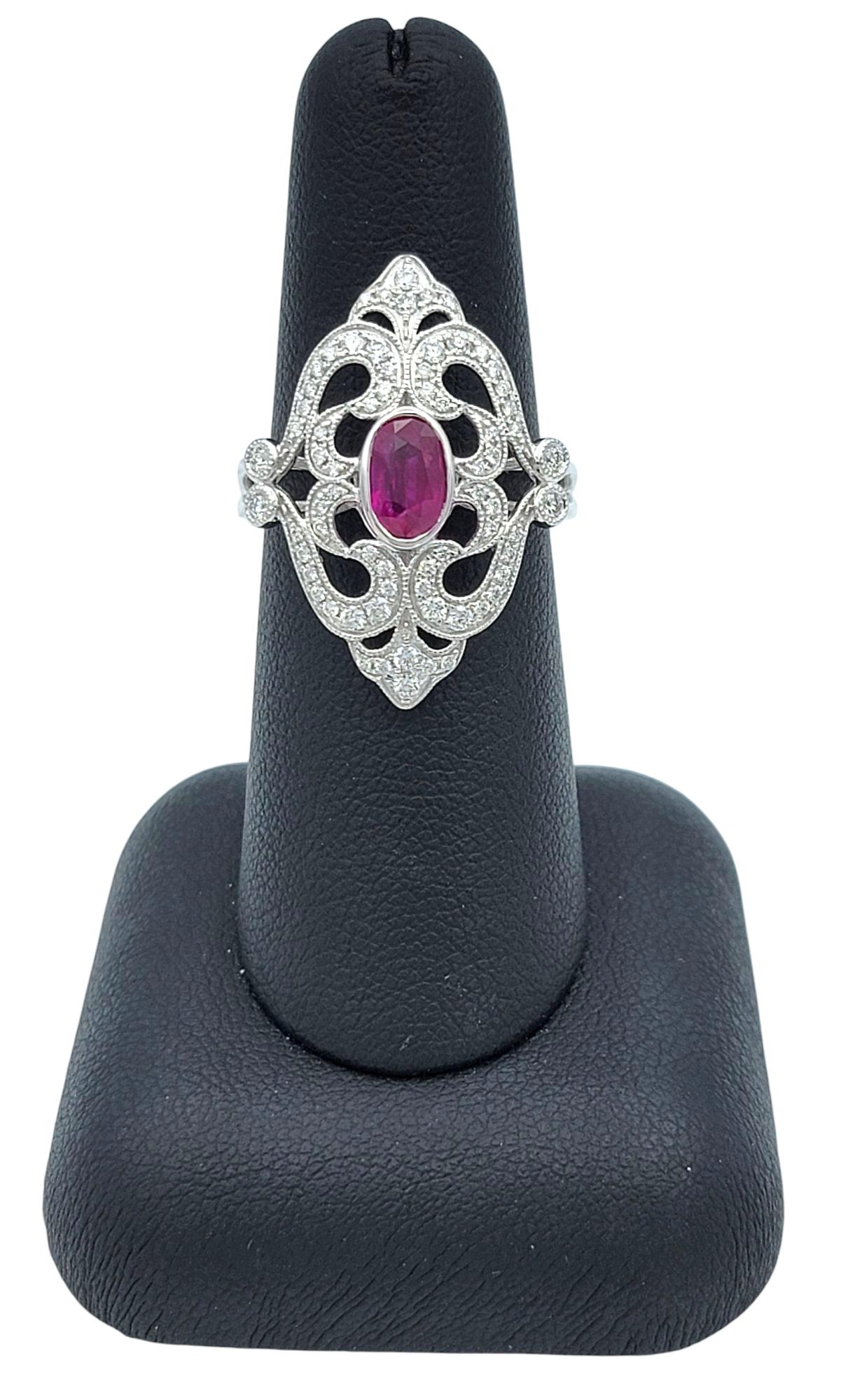 Oval Cut Burmese Ruby and Pavé Diamond Ornate Cocktail Ring 14 Karat White Gold en venta 3