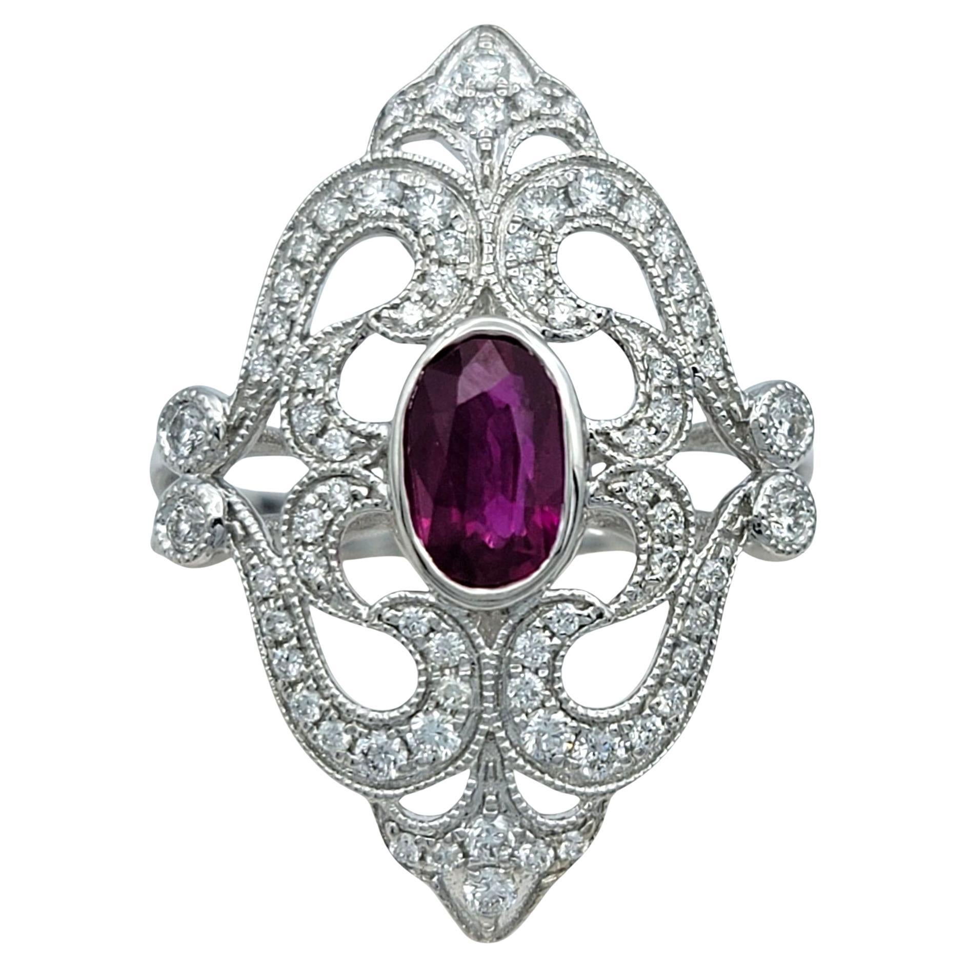Oval Cut Burmese Ruby and Pavé Diamond Ornate Cocktail Ring 14 Karat White Gold en venta
