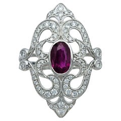 Oval Cut Burmese Ruby and Pavé Diamond Ornate Cocktail Ring 14 Karat White Gold