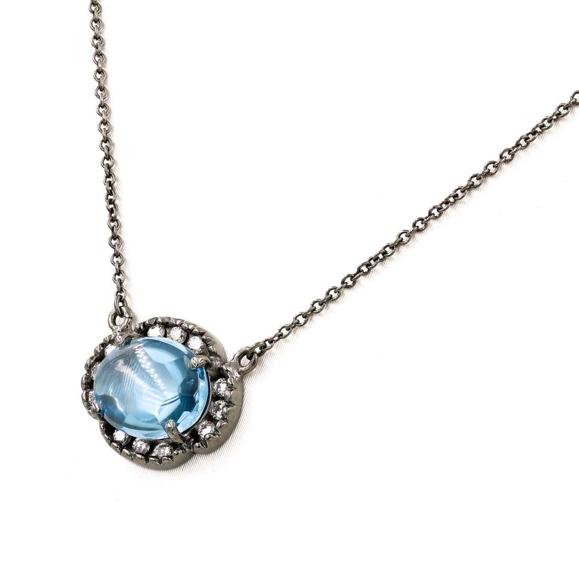 Contemporary Oval Cut Cabochon Blue Topaz and Round Diamond Necklace