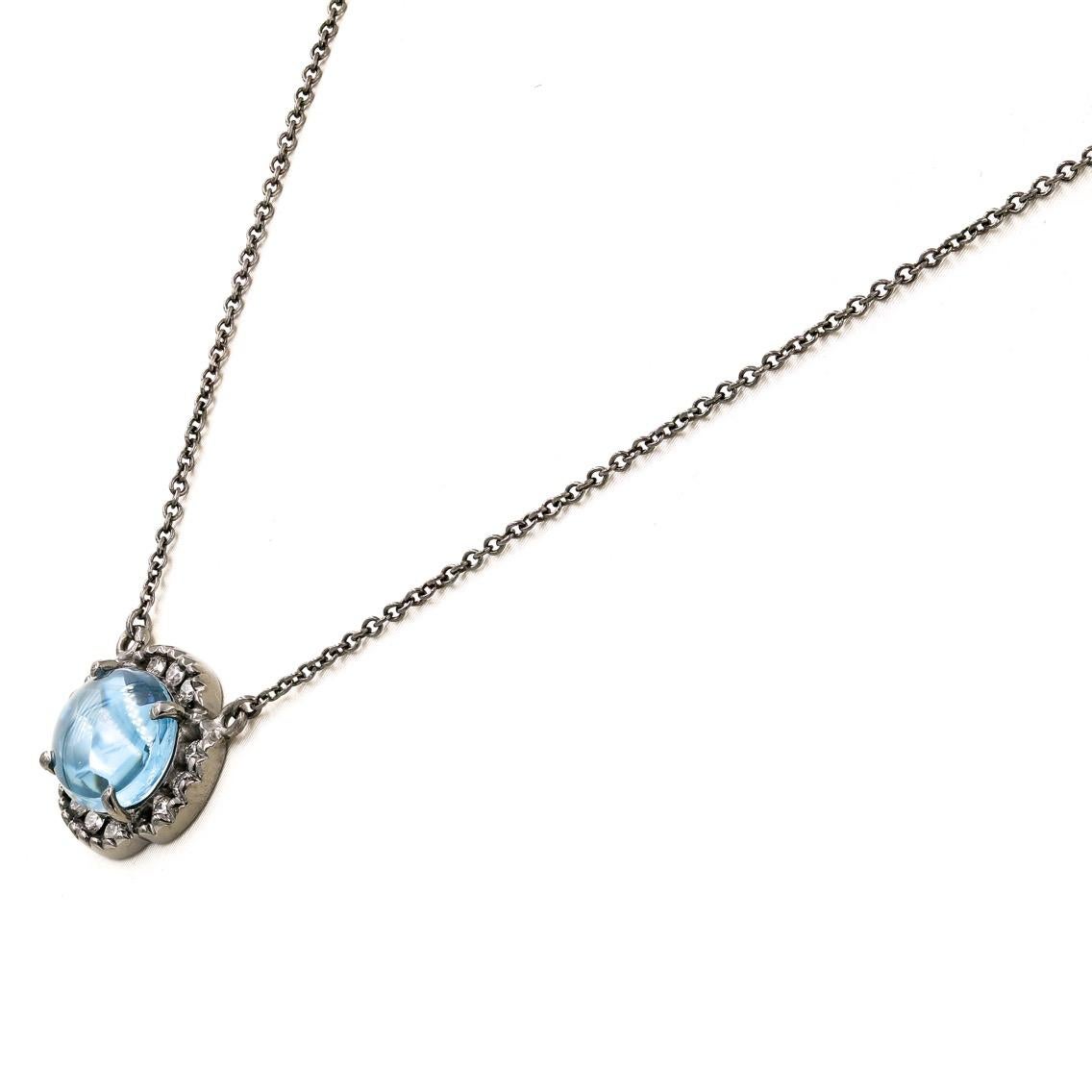 Oval Cut Cabochon Blue Topaz and Round Diamond Necklace In New Condition In Chicago, IL