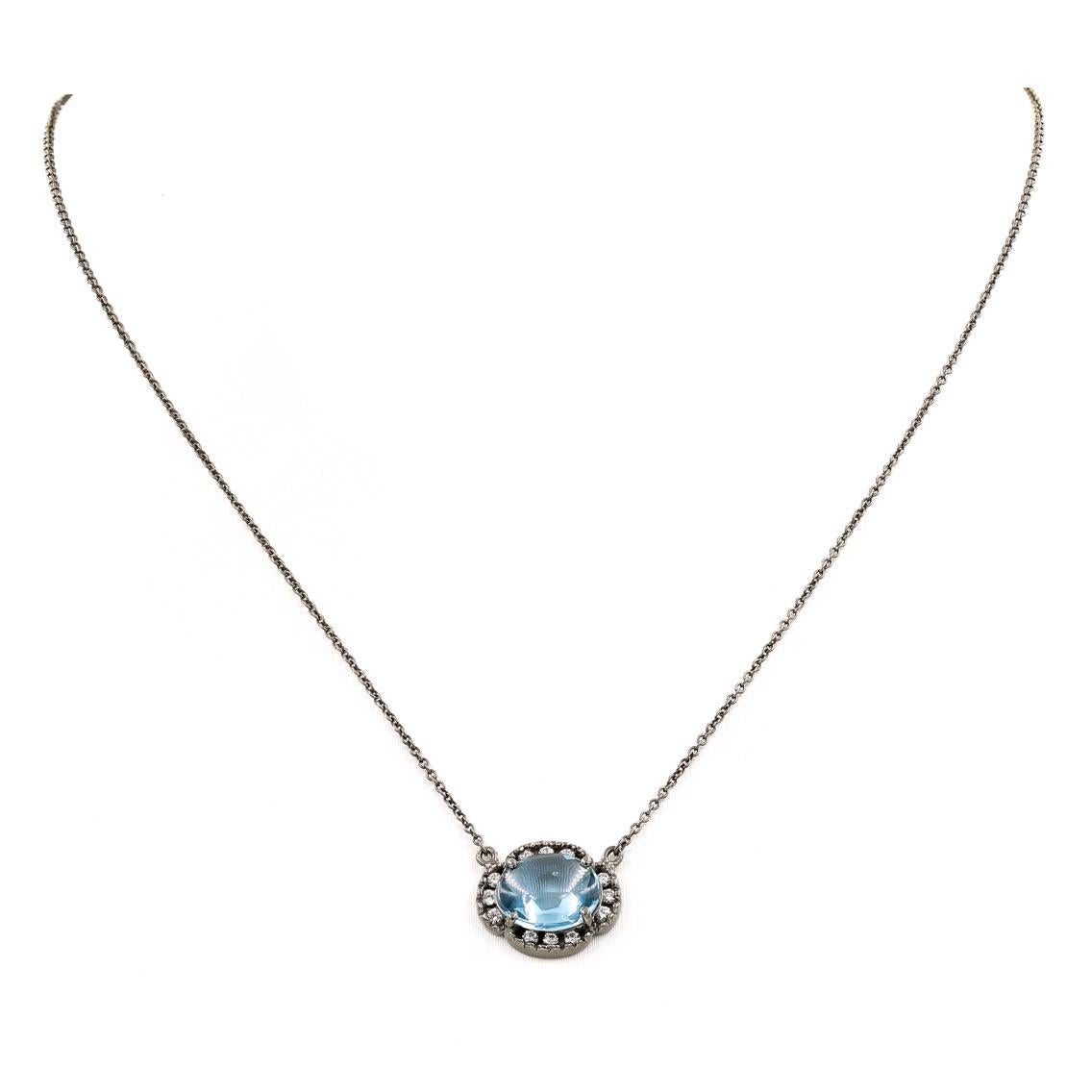 Women's Oval Cut Cabochon Blue Topaz and Round Diamond Necklace
