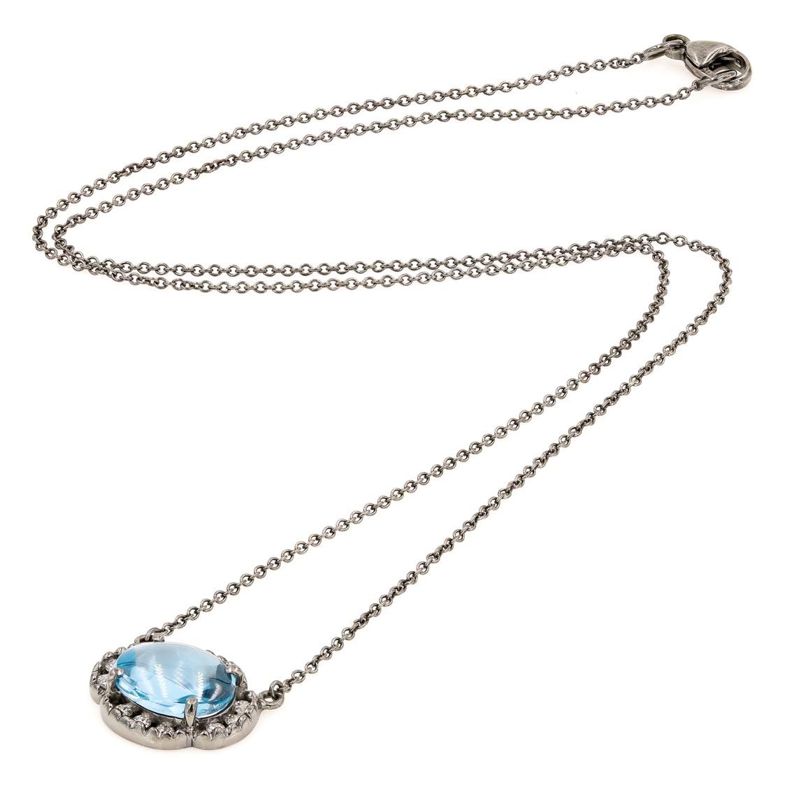 Oval Cut Cabochon Blue Topaz and Round Diamond Necklace 1