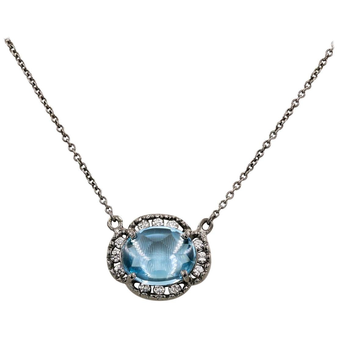 Oval Cut Cabochon Blue Topaz and Round Diamond Necklace