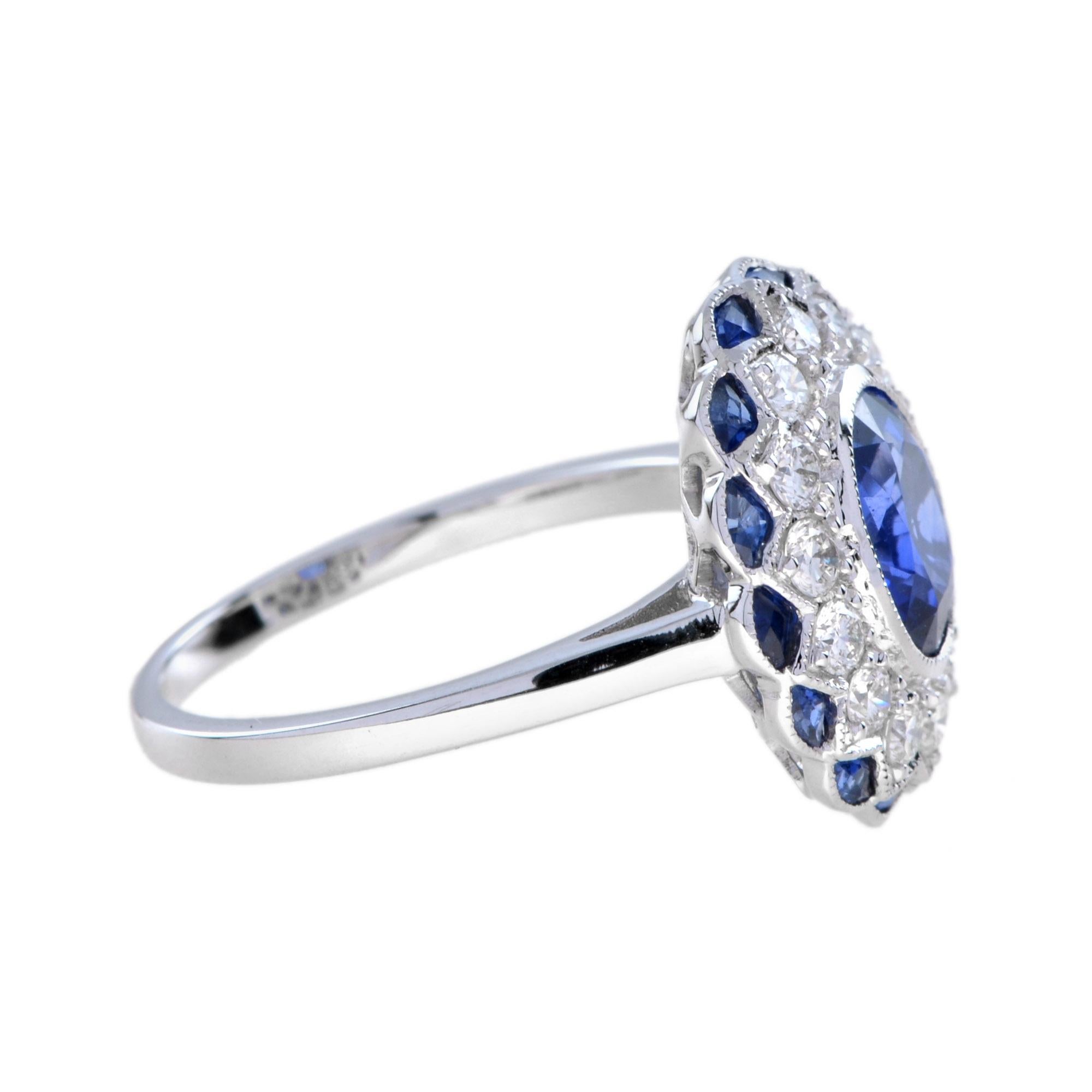 Women's Oval Cut Ceylon Sapphire and Diamond Art Deco Style Halo Ring in 18K White Gold For Sale