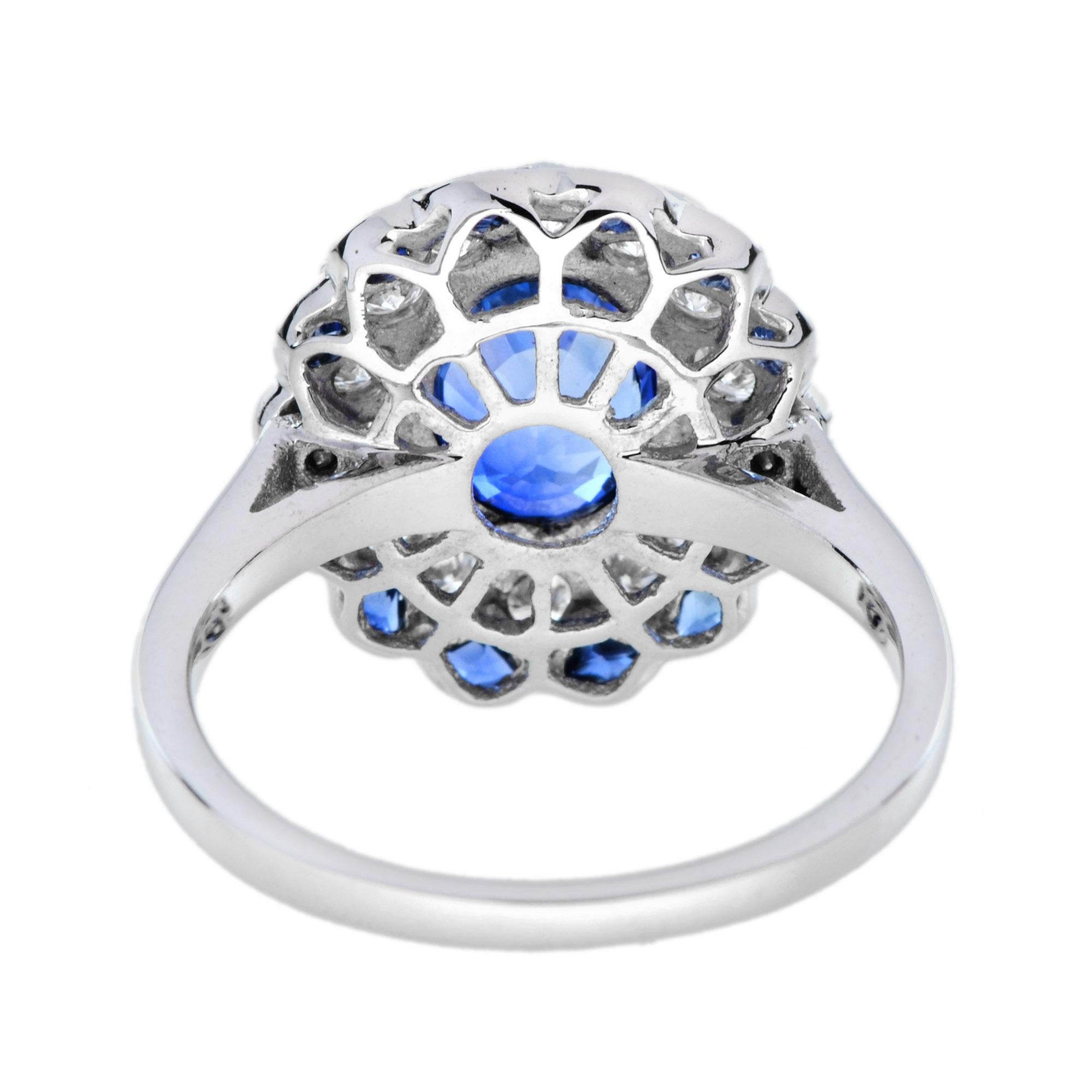 Oval Cut Ceylon Sapphire and Diamond Art Deco Style Halo Ring in 18K White Gold For Sale 1