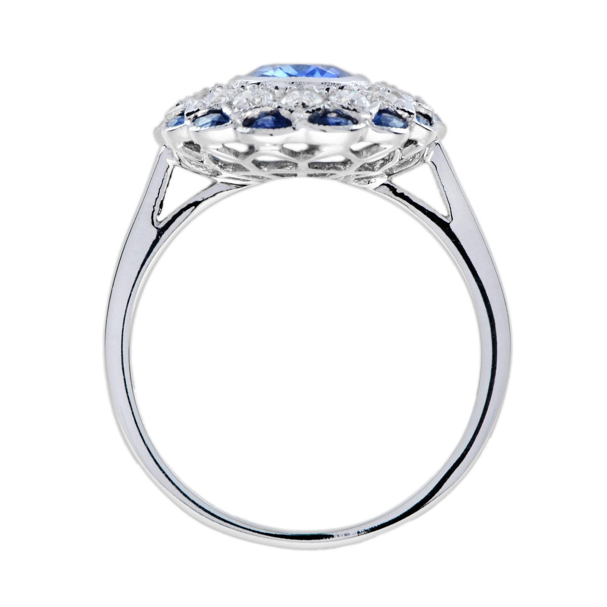 Oval Cut Ceylon Sapphire and Diamond Art Deco Style Halo Ring in 18K White Gold For Sale 2