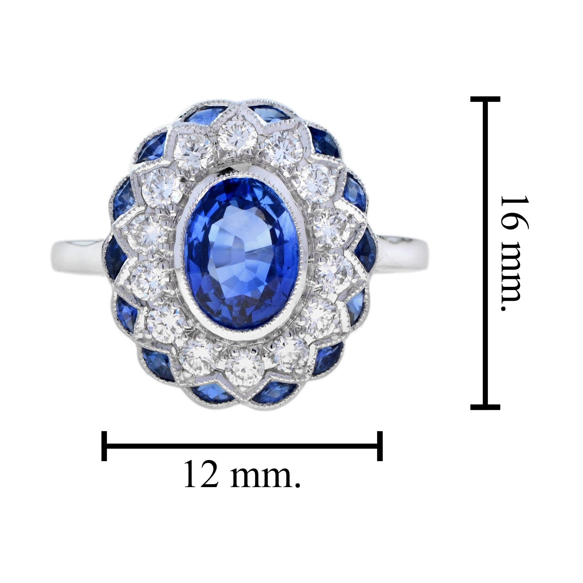 Oval Cut Ceylon Sapphire and Diamond Art Deco Style Halo Ring in 18K White Gold For Sale 3