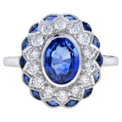 Oval Cut Ceylon Sapphire and Diamond Art Deco Style Halo Ring in 18K White Gold