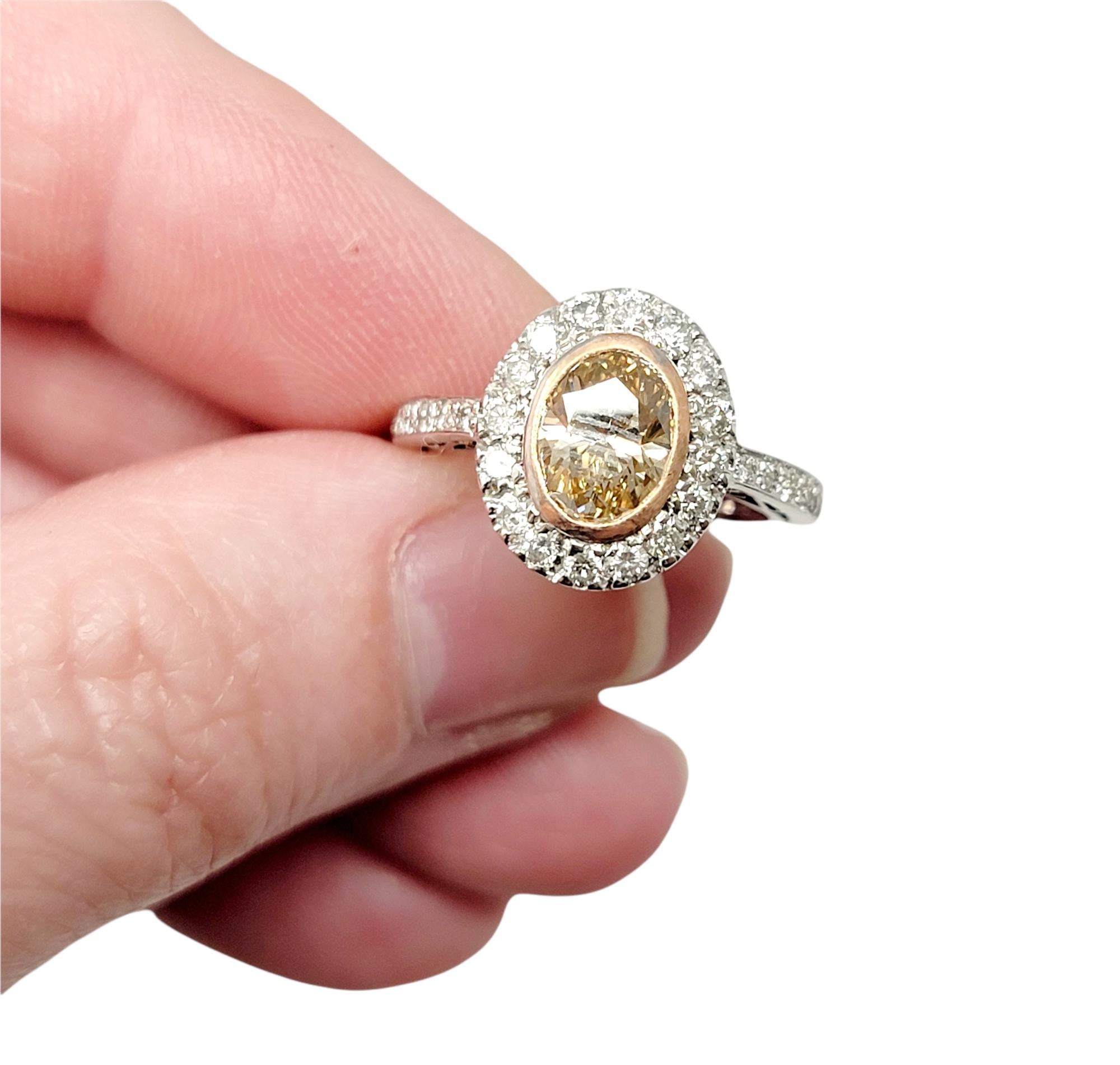 Oval Cut Champagne and White Diamond Halo Ring in Two-Tone 14 Karat Gold For Sale 3