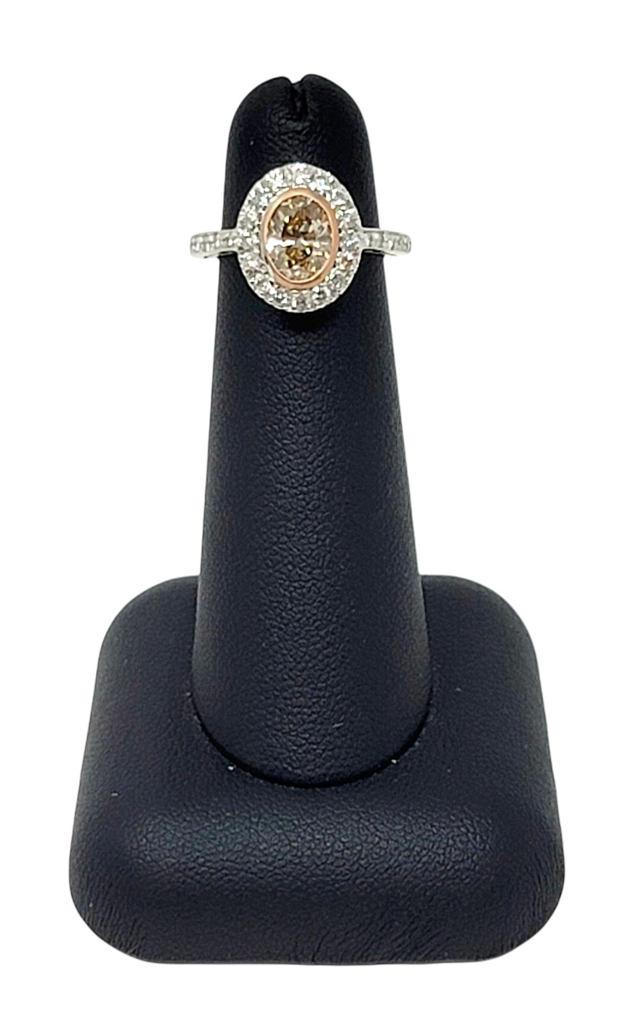 Women's Oval Cut Champagne and White Diamond Halo Ring in Two-Tone 14 Karat Gold For Sale