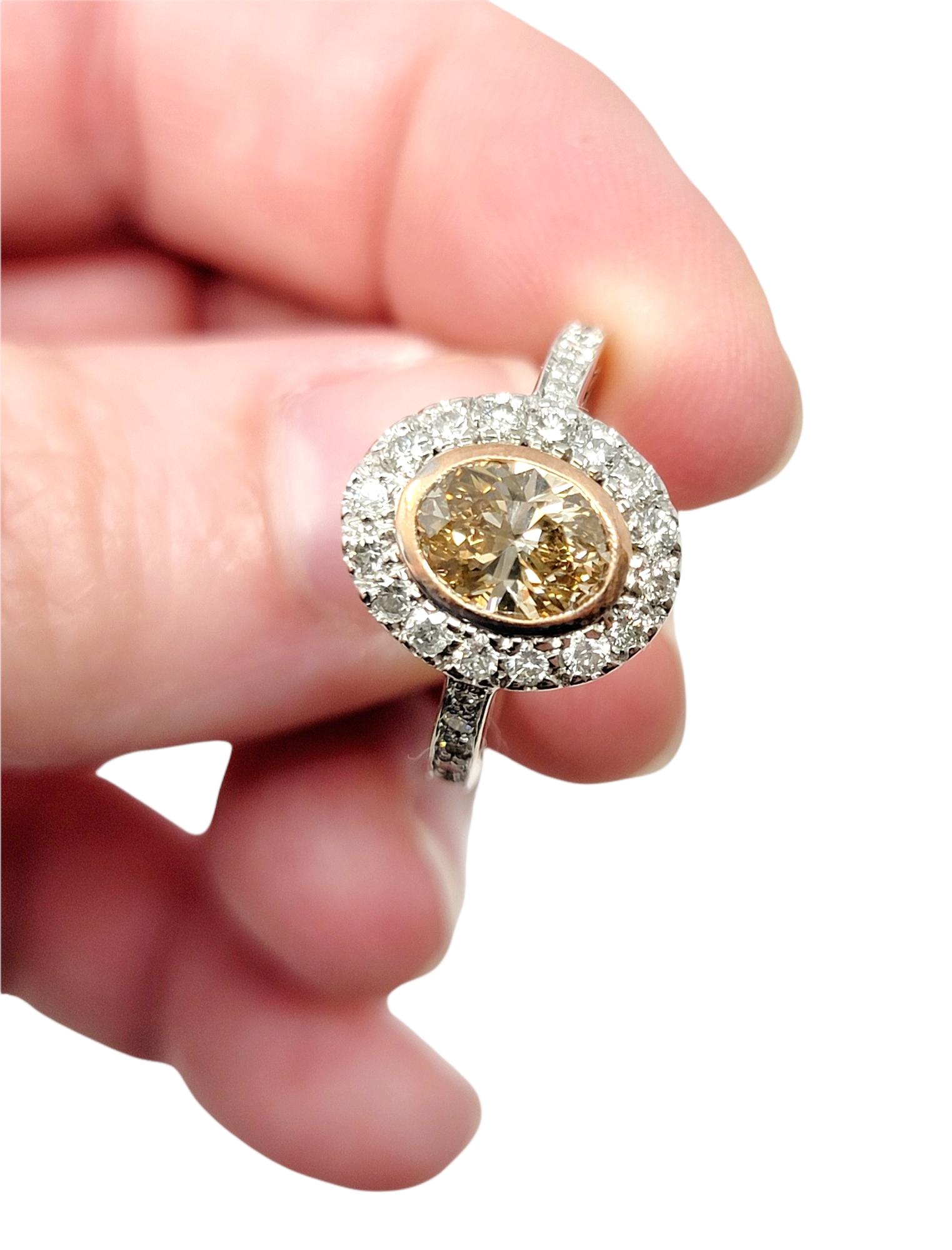 Oval Cut Champagne and White Diamond Halo Ring in Two-Tone 14 Karat Gold For Sale 2