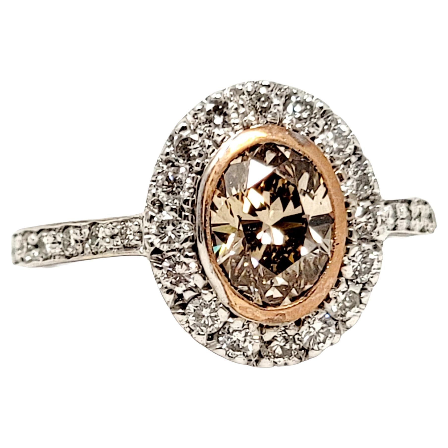 Oval Cut Champagne and White Diamond Halo Ring in Two-Tone 14 Karat Gold For Sale